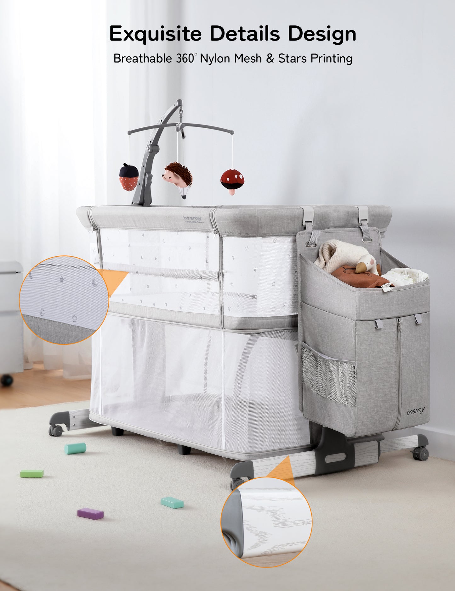 Besrey 5 in 1 Baby Bassinet Bedside Sleeper, Playpen with Bassinet & Baby Cradle, 0-18 Months