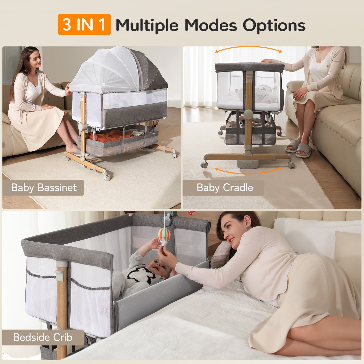 Baby-Stubenwagen-Nachtbett, besrey 3-in-1-Baby-Schlafwagen mit mobilem Spielzeug-Aufhänger