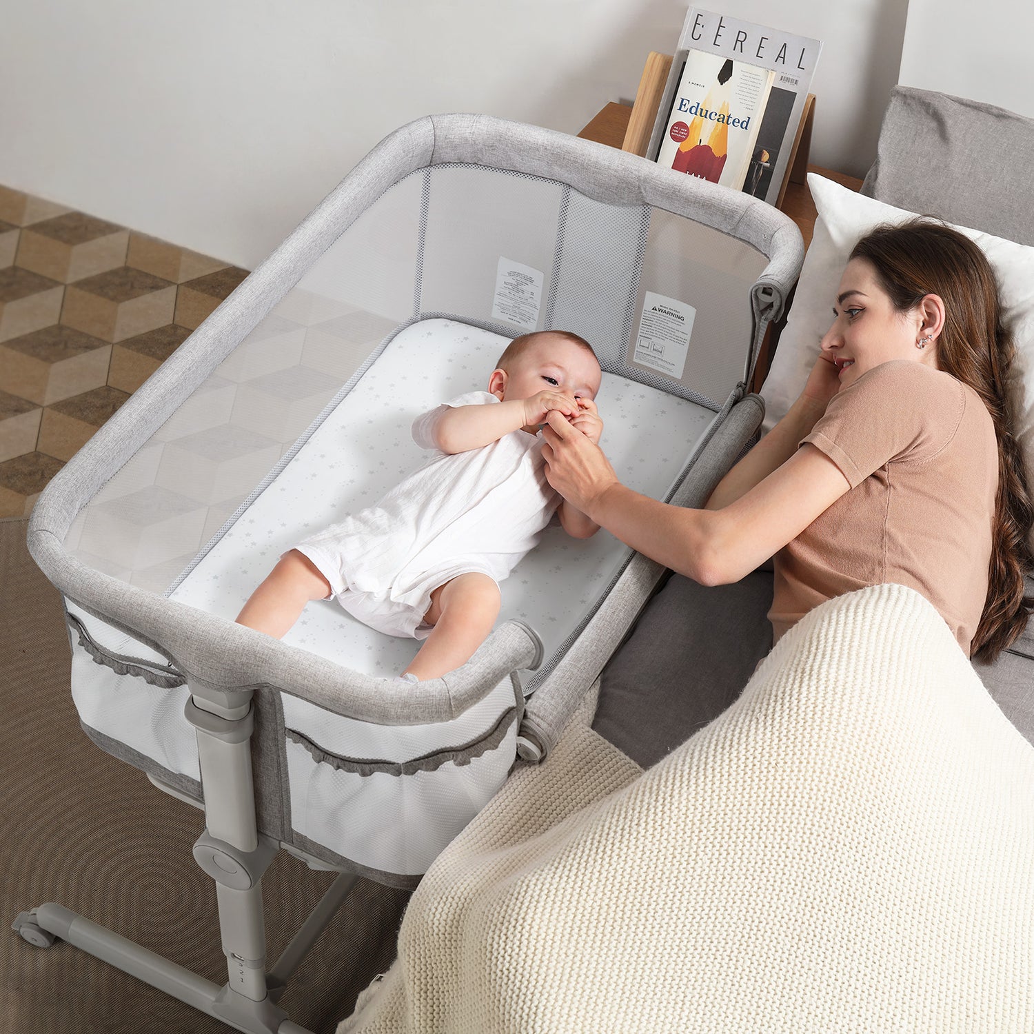 BDC06 Besrey Upgraded Extra Wider Bedside Crib Bassinet with Wheels - 50MM Oversized Lockable 360° Swivel, 9 Height Adjustable Baby Bed