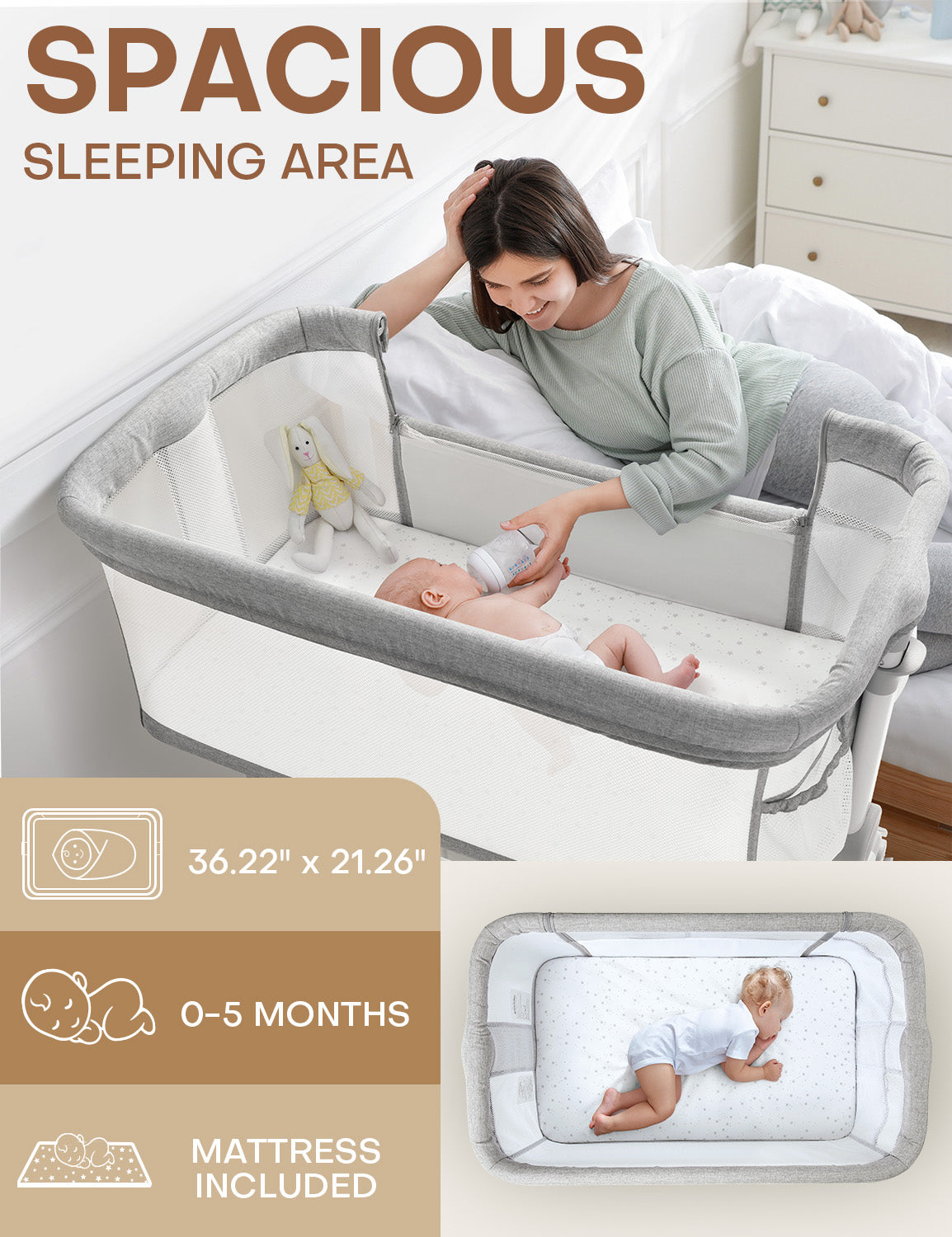 BDC06 Besrey Upgraded Extra Wider Bedside Crib Bassinet with Wheels - 50MM Oversized Lockable 360° Swivel, 9 Height Adjustable Baby Bed