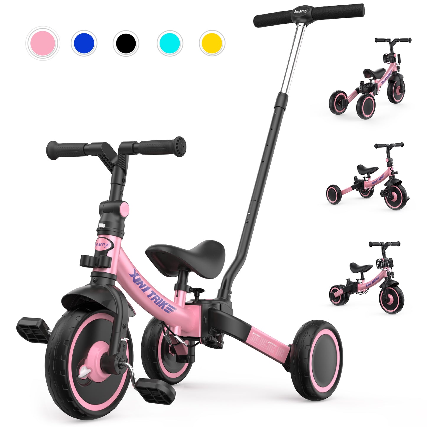 7-in-1 toddler tricycle with push handle pink
