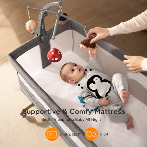 Berço de bebê cama de cabeceira, besrey 3 em 1 berço de bebê com cabide de brinquedo móvel