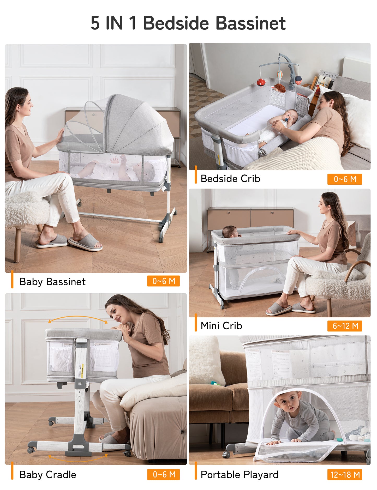 Besrey 5 in 1 Baby Bassinet Bedside Sleeper, Playpen with Bassinet & Baby Cradle, 0-18 Months