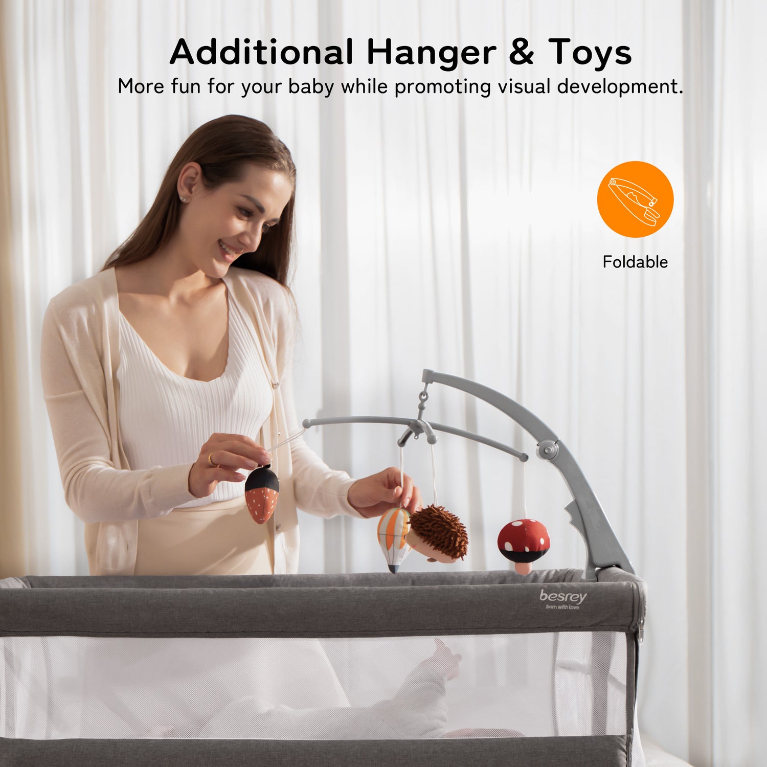 BD002 Besrey Multifunctional Baby Crib | 3-in-1 Design with Toy Hanger