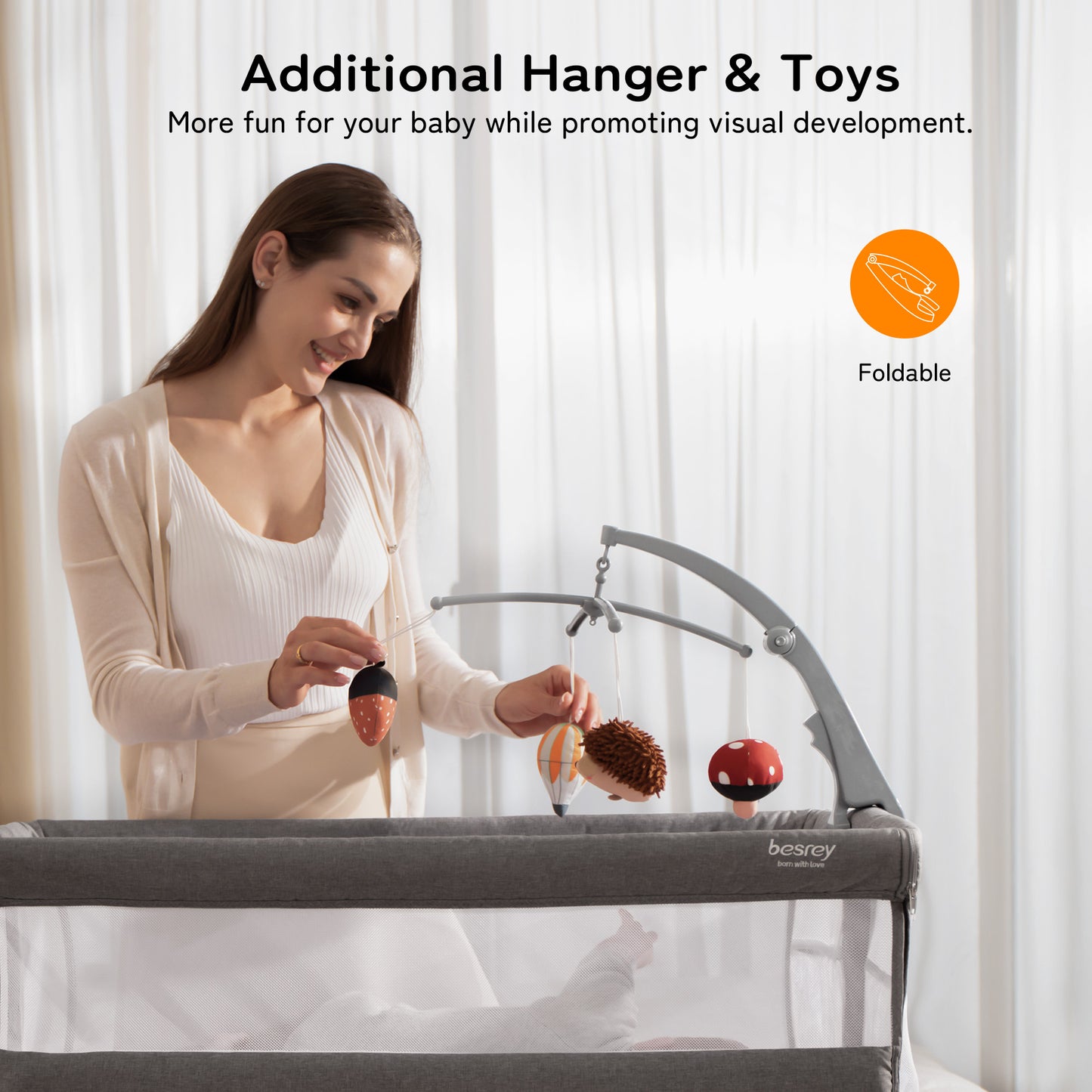 Berço de bebê cama de cabeceira, besrey 3 em 1 berço de bebê com cabide de brinquedo móvel
