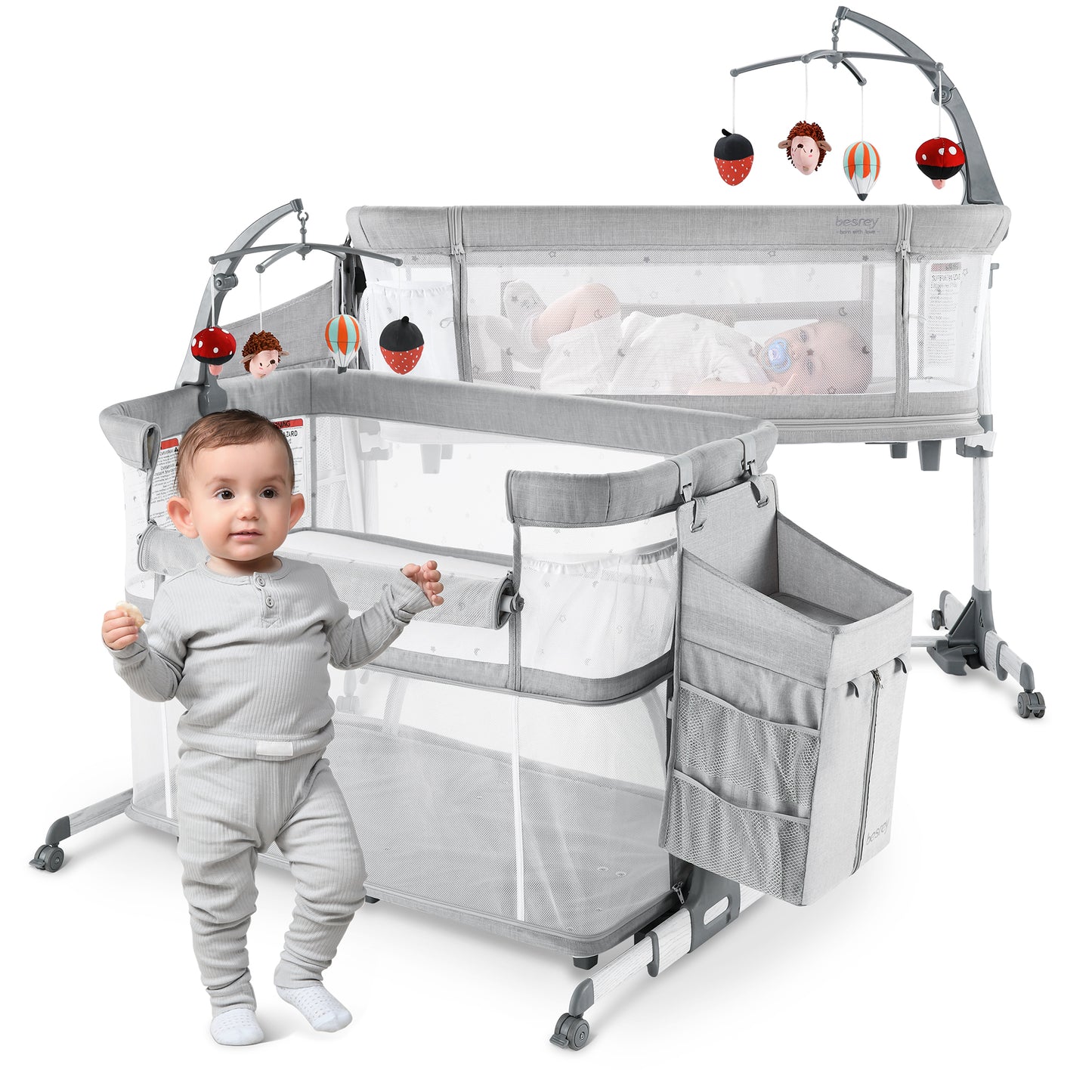 Besrey 5 in 1 Baby Bassinet Bedside Sleeper, Playpen with Bassinet & Baby Cradle, 0-18 Months