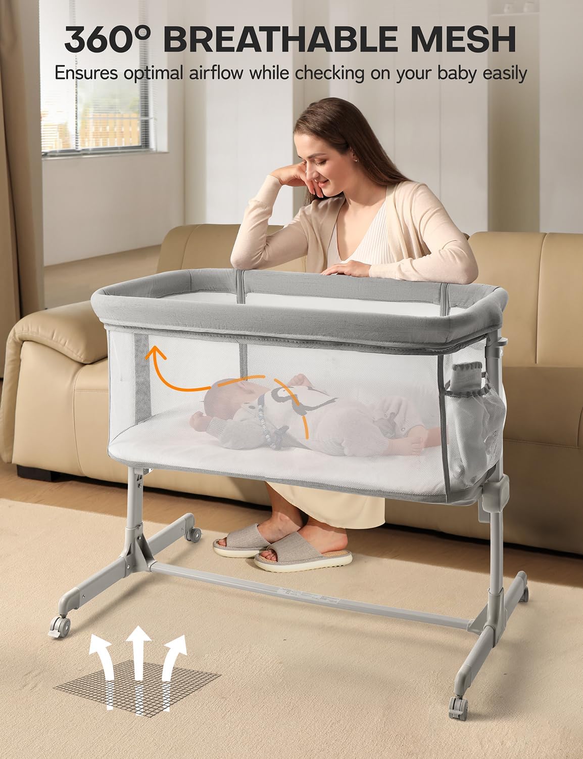BDC07 Besrey Baby Bassinet, All Mesh, 7-Height Adjustable, with Pockets and  Comfy Mattress