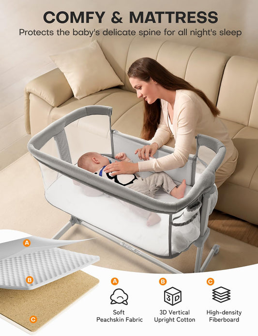 BDC07 Besrey Baby Bassinet, All Mesh, 7-Height Adjustable, with Pockets and  Comfy Mattress